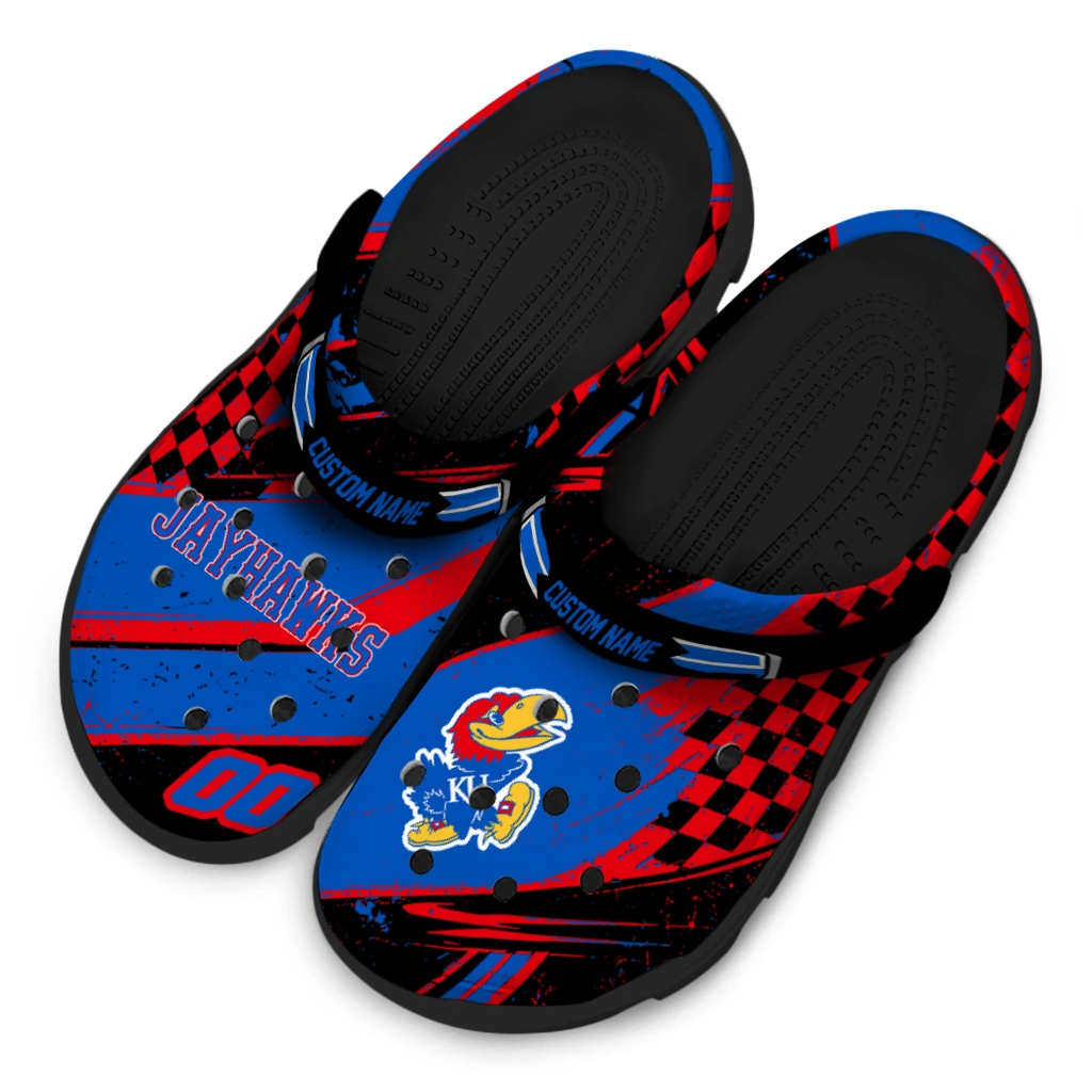 Kansas Jayhawks Clogs - Custom Checkered Streaks Blue Black 4