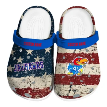Kansas Jayhawks Clogs - Customized Distressed Stripes Blue Red Blue