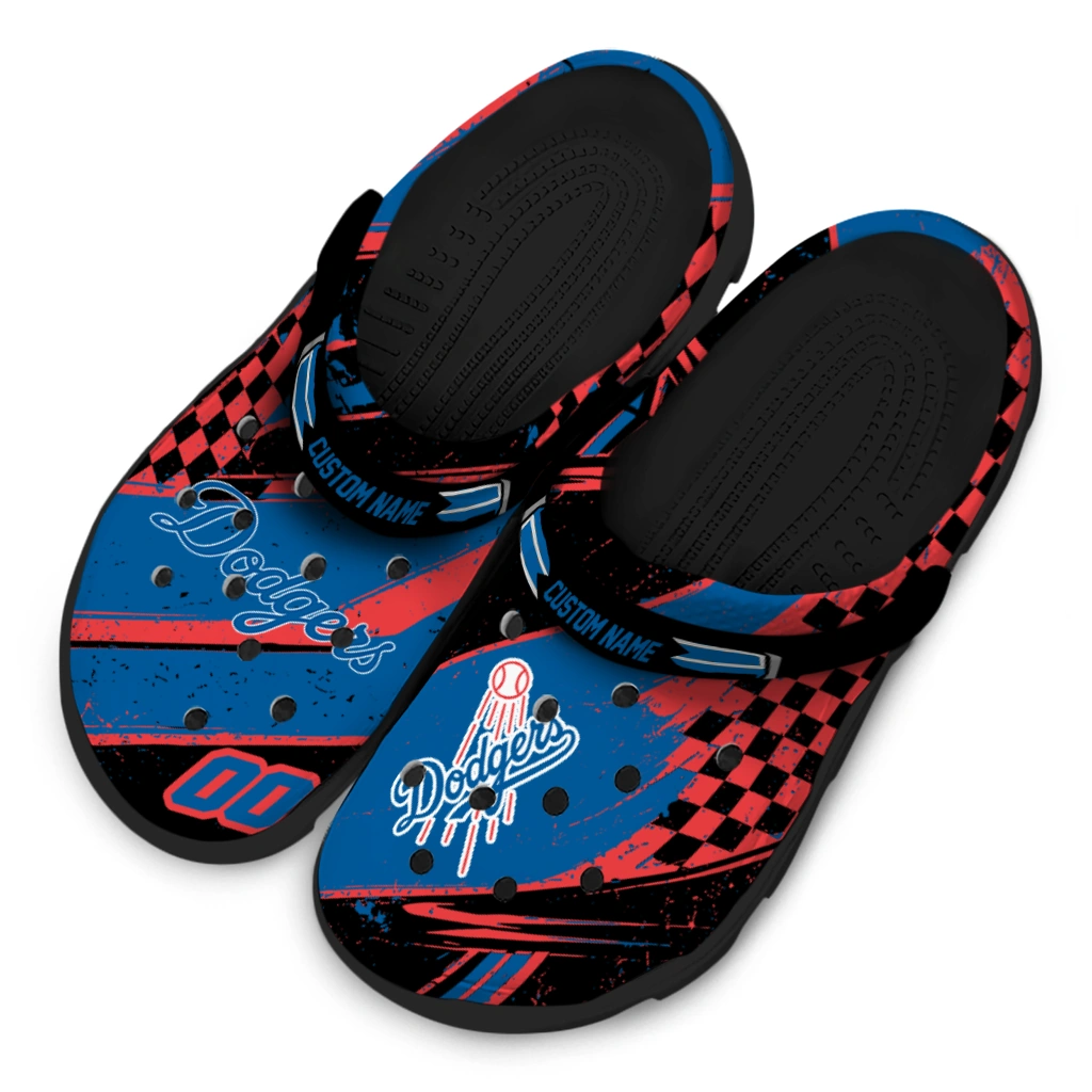 Los Angeles Dodgers Clogs - Personalized Checkered Streaks Blue Black 4