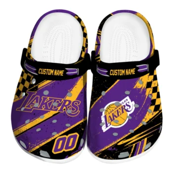 Los Angeles Lakers Clogs - Customized Checkered Streaks Purple Black