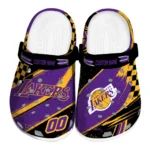 Los Angeles Lakers Clogs - Customized Checkered Streaks Purple Black 1 Los Angeles Lakers Clogs – Customized Checkered Streaks Purple Black 1