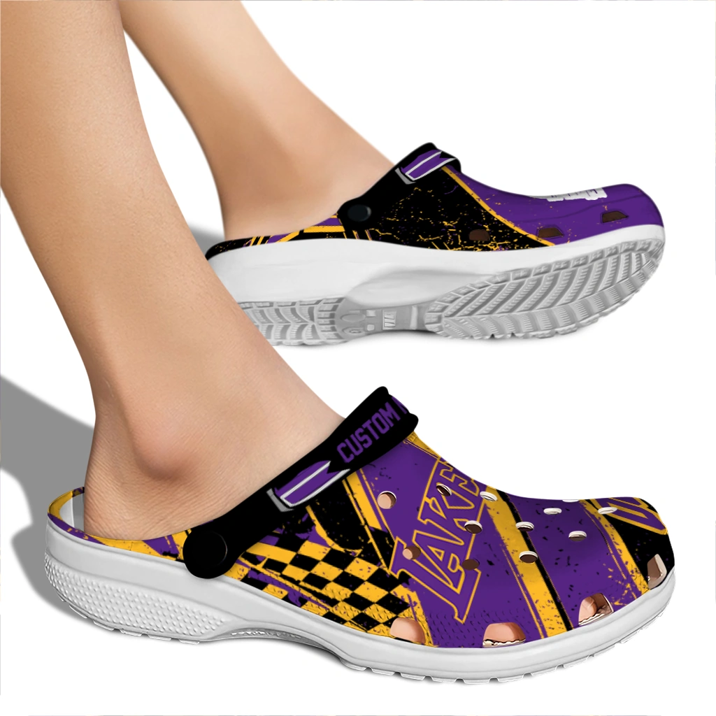 Los Angeles Lakers Clogs - Customized Checkered Streaks Purple Black 2