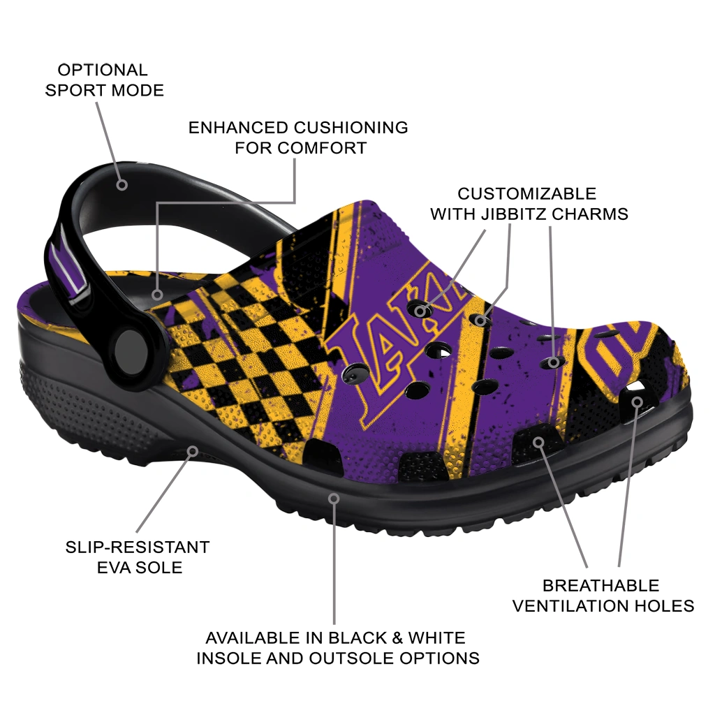 Los Angeles Lakers Clogs - Customized Checkered Streaks Purple Black 5