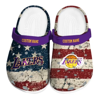 Los Angeles Lakers Clogs - Personalized Distressed Stripes Purple Red Blue