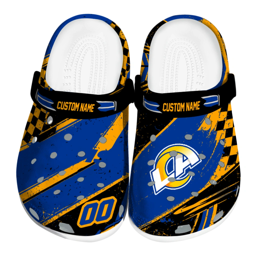 los-angeles-rams-clog-customized-checkered-streaks-blue-black-best-selling.webp los angeles rams clog customized checkered streaks blue black best selling