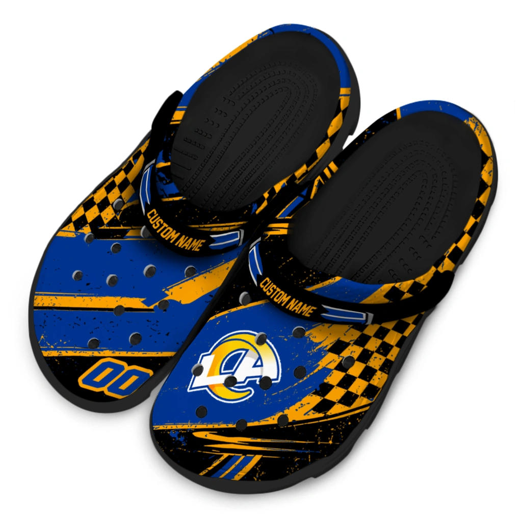 los-angeles-rams-clog-customized-checkered-streaks-blue-black-latest-model.webp