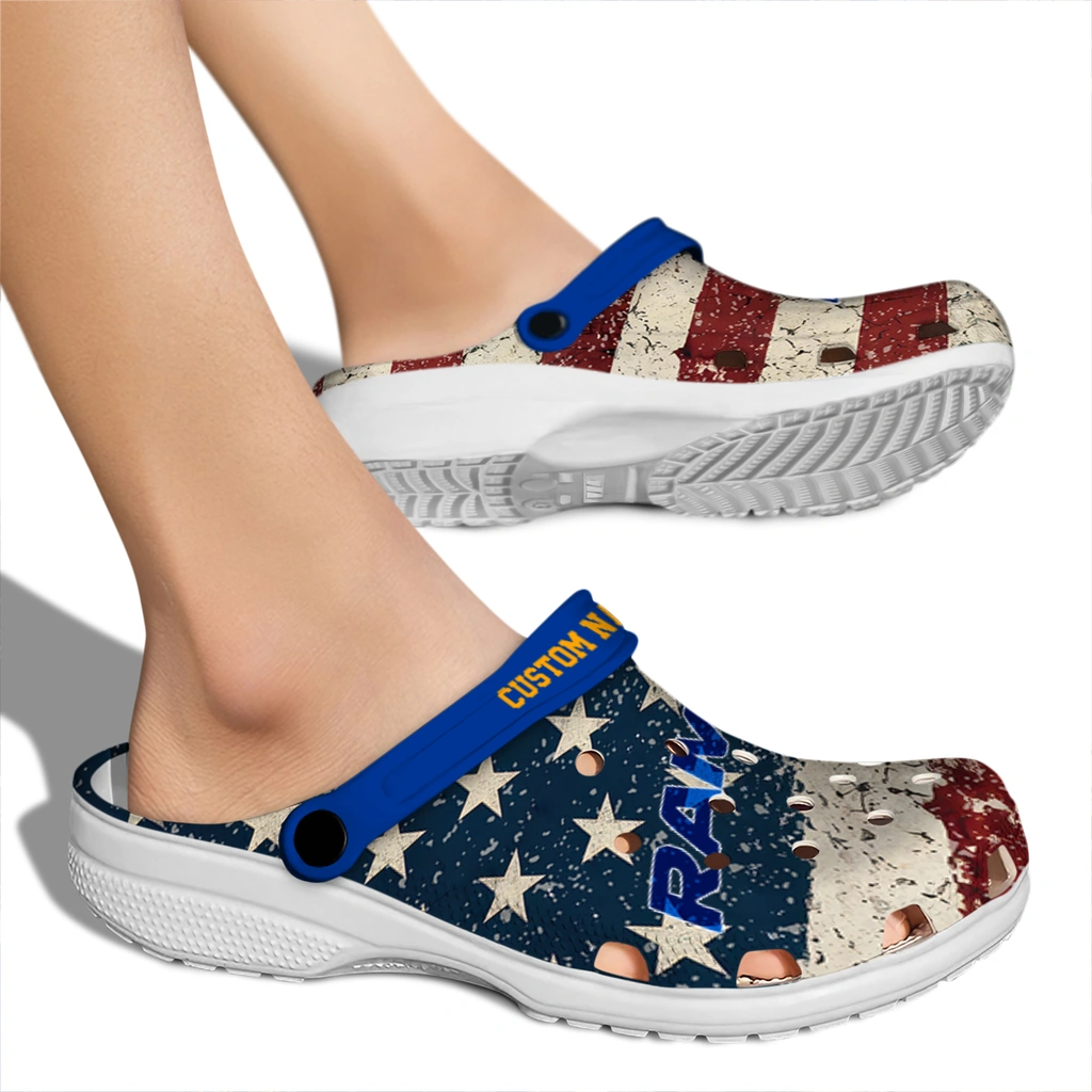 los-angeles-rams-clog-personalized-distressed-stripes-blue-red-blue-fashion-forward.webp