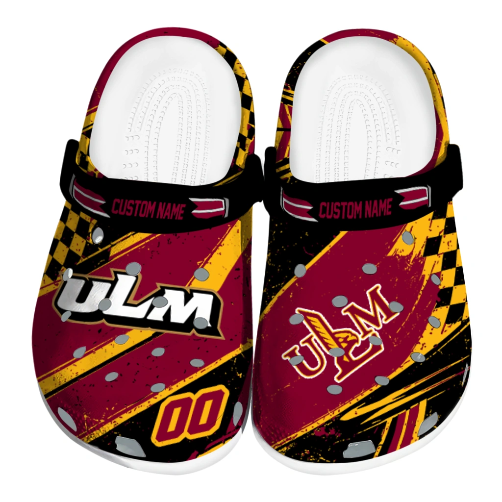 Louisiana-Monroe Warhawks Clogs - Customized Checkered Streaks Red Black 1 louisiana monroe warhawks clog personalized checkered streaks red black best selling