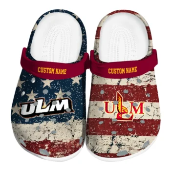 Louisiana-Monroe Warhawks Clogs - Personalized Distressed Stripes Red Blue