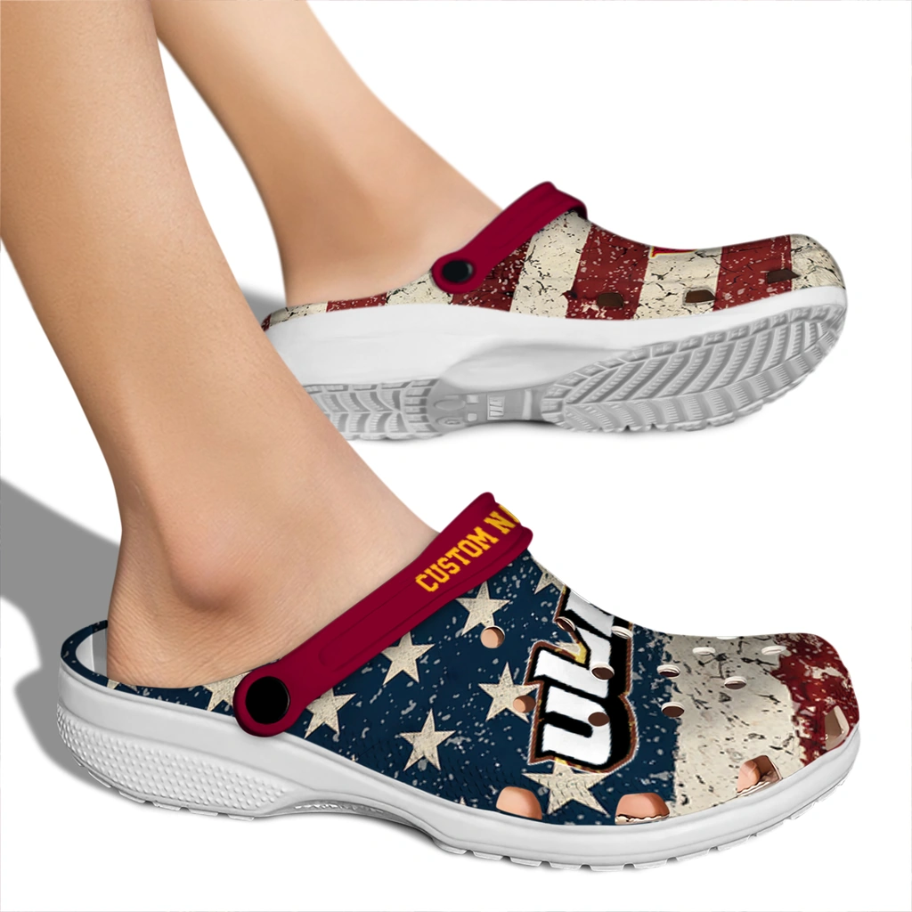 louisiana-monroe-warhawks-clog-personalized-distressed-stripes-red-blue-fashion-forward.webp