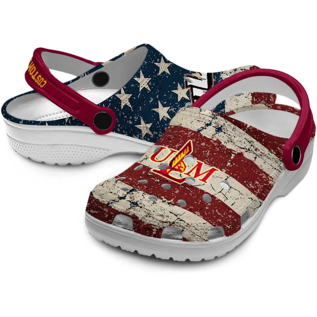 louisiana-monroe-warhawks-clog-personalized-distressed-stripes-red-blue-high-quality.webp