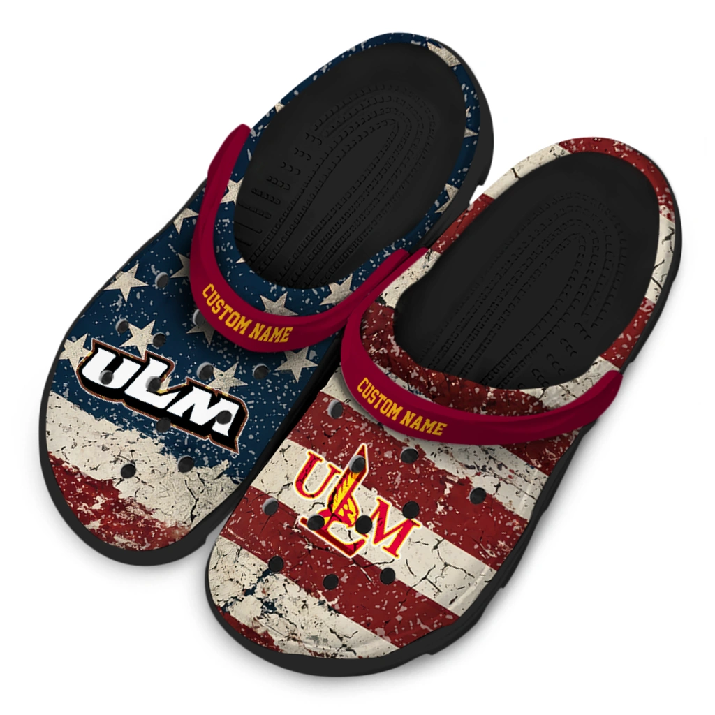louisiana-monroe-warhawks-clog-personalized-distressed-stripes-red-blue-latest-model.webp