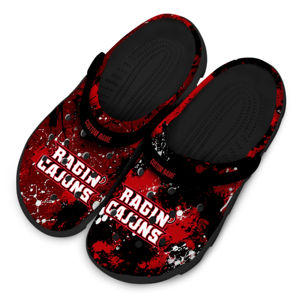 louisiana-ragin-cajuns-clog-custom-splatter-splash-red-black-latest-model.webp