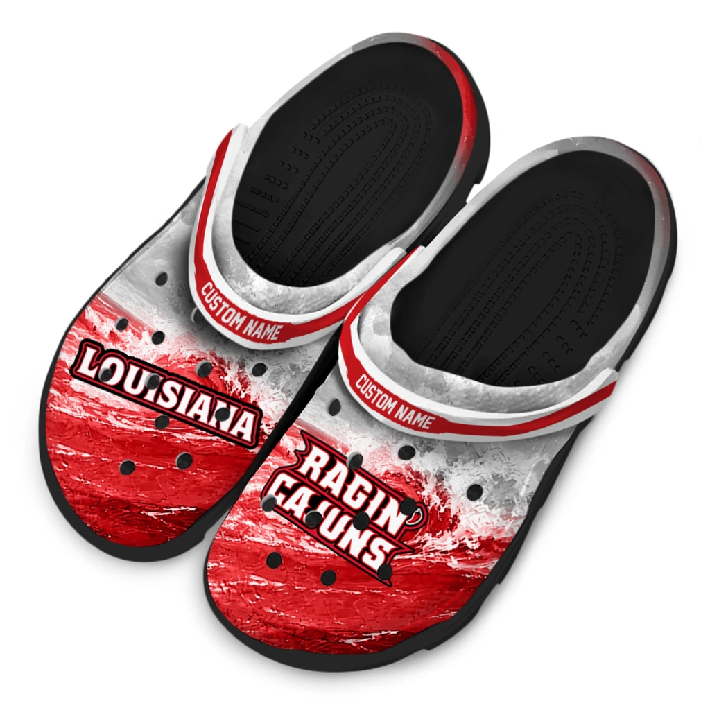 louisiana-ragin-cajuns-clog-customized-wave-swirl-red-white-latest-model.webp