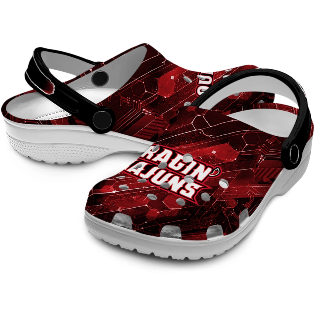 louisiana-ragin-cajuns-clog-personalized-circuit-geometry-red-black-high-quality.webp