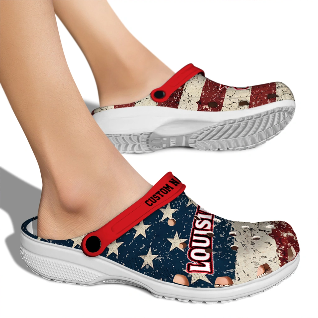 louisiana-ragin-cajuns-clog-personalized-distressed-stripes-red-blue-fashion-forward.webp