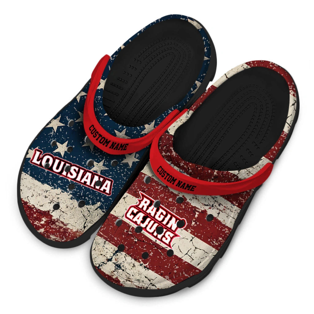 louisiana-ragin-cajuns-clog-personalized-distressed-stripes-red-blue-latest-model.webp