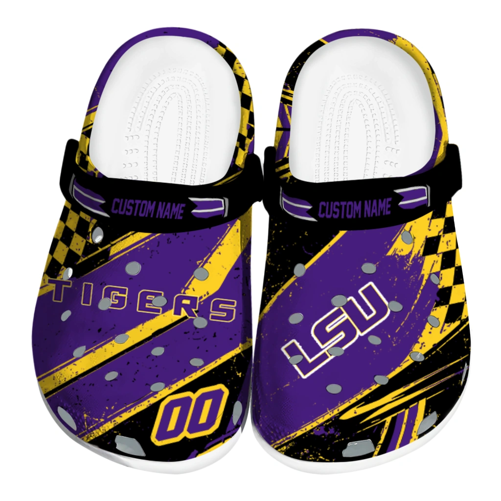 LSU Tigers Clogs - Customized Circuit Geometry Purple Black 1 lsu tigers clog customized checkered streaks purple black best selling 1