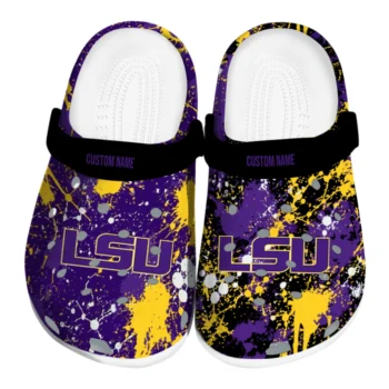 LSU Tigers Clogs - Personalized Splatter Splash Purple Black