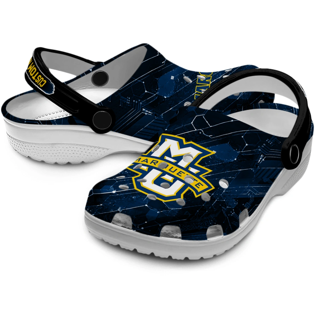 marquette-golden-eagles-clog-customized-circuit-geometry-blue-black-high-quality.webp