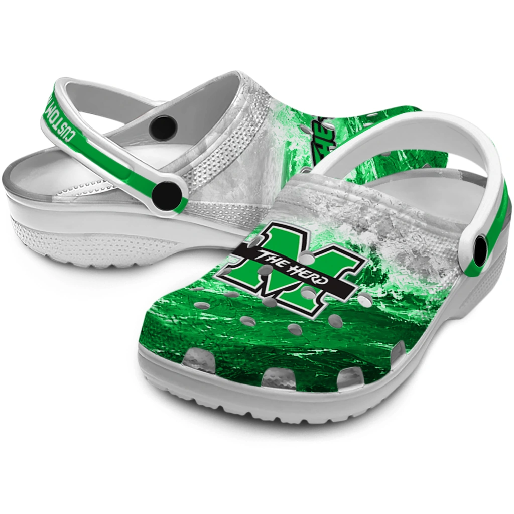 marshall-thundering-herd-clog-customized-wave-swirl-green-white-high-quality.webp