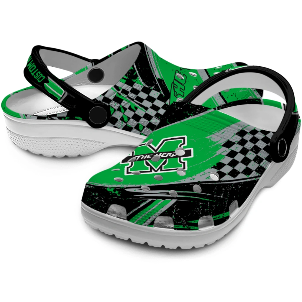 Marshall Thundering Herd Clogs - Customized Checkered Streaks Green Black 3