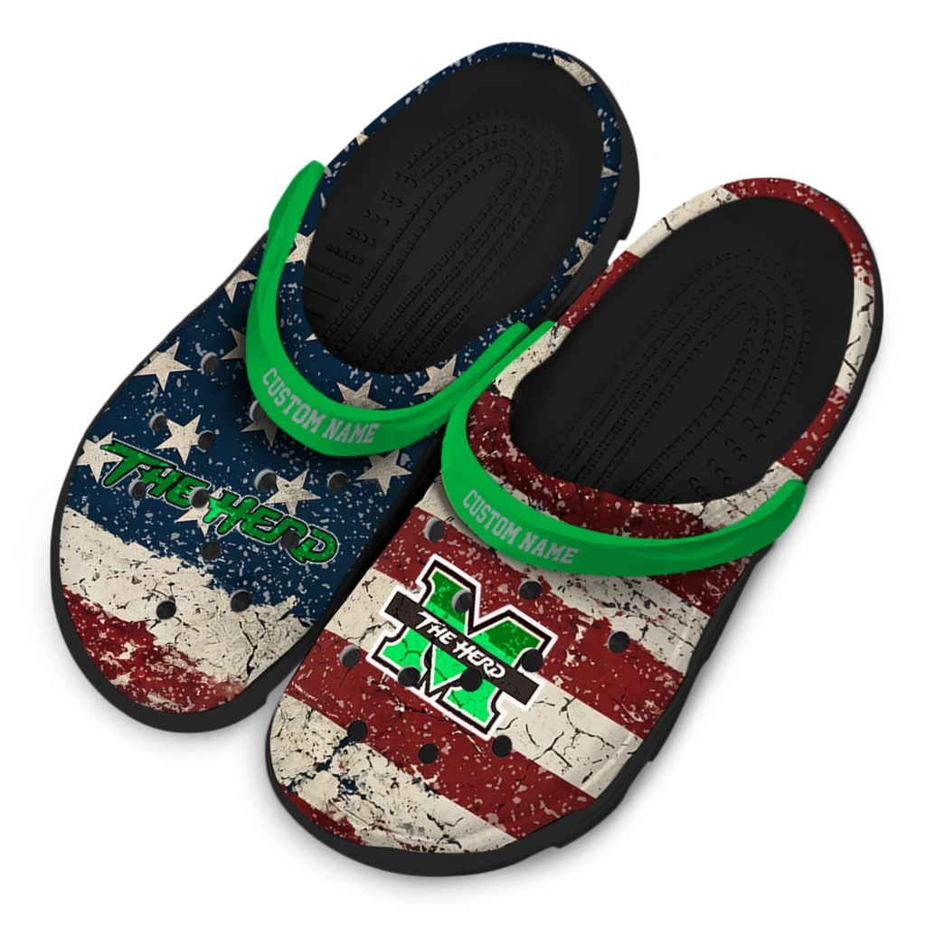 marshall-thundering-herd-clog-personalized-distressed-stripes-green-red-blue-latest-model.webp