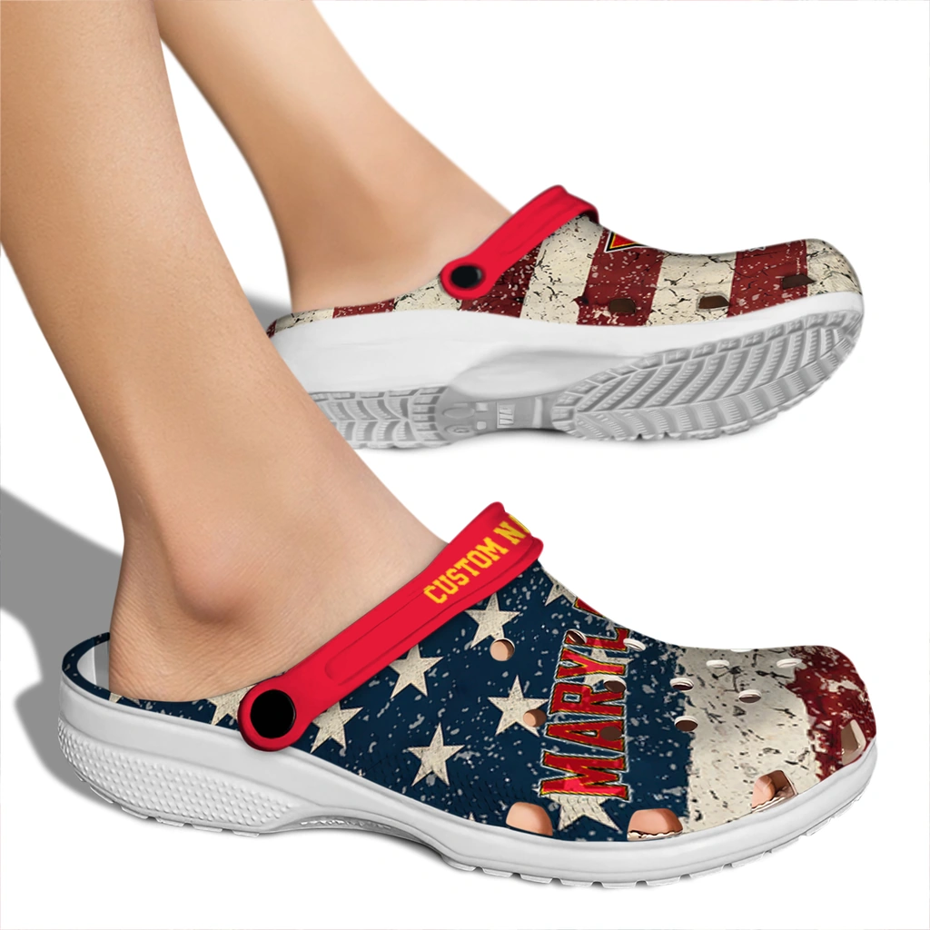 maryland-terrapins-clog-custom-distressed-stripes-red-blue-fashion-forward.webp