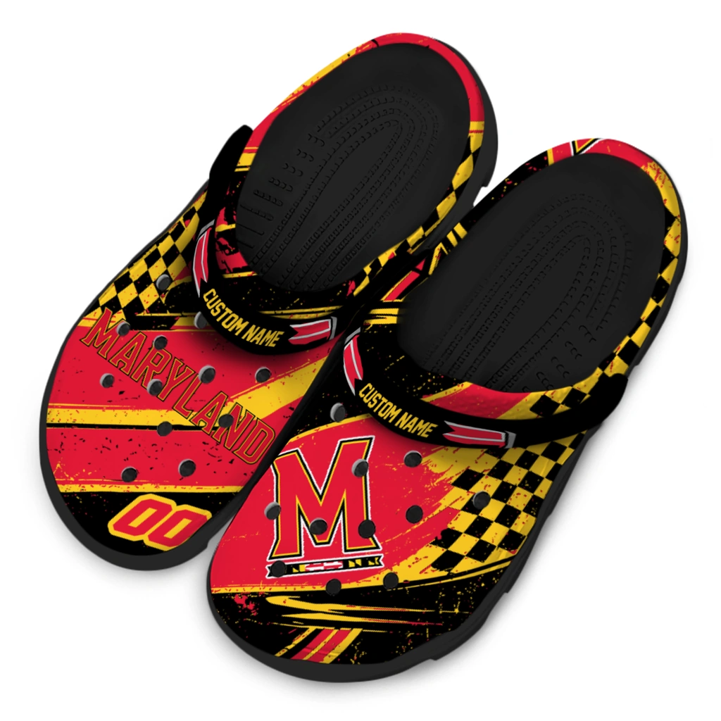maryland-terrapins-clog-personalized-checkered-streaks-red-black-latest-model.webp