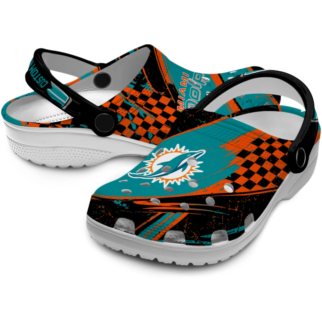 Miami Dolphins Clogs - Personalized Checkered Streaks Aqua Black 3