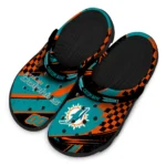 Miami Dolphins Clogs – Personalized Checkered Streaks Aqua Black 1