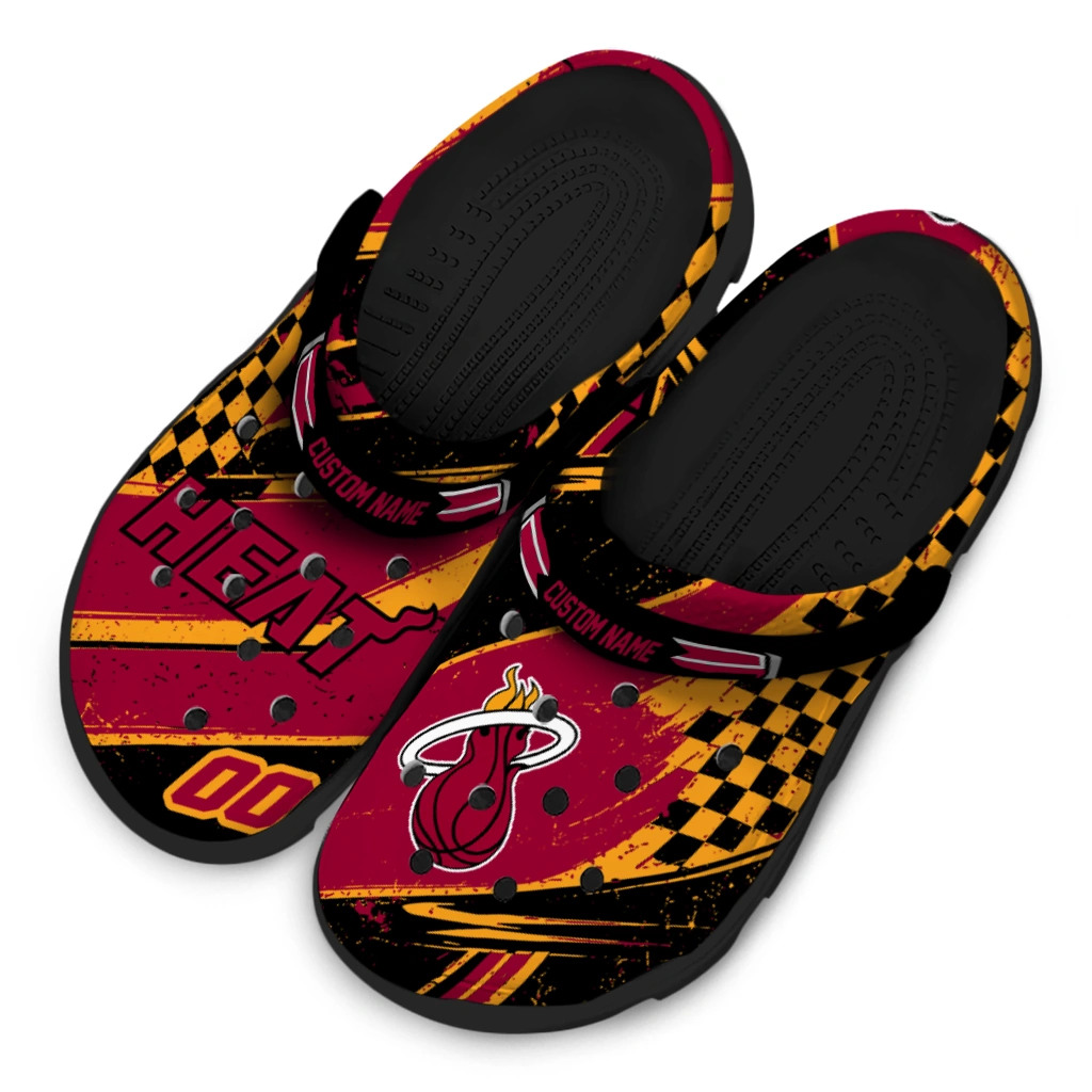 Miami Heat Clogs - Custom Checkered Streaks Red Black 4