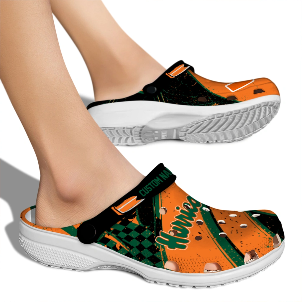 miami-hurricanes-clog-personalized-checkered-streaks-orange-black-fashion-forward.webp