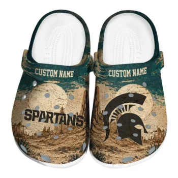 Michigan State Spartans Clogs - Customized Cracked Landscape Fir Green Beige