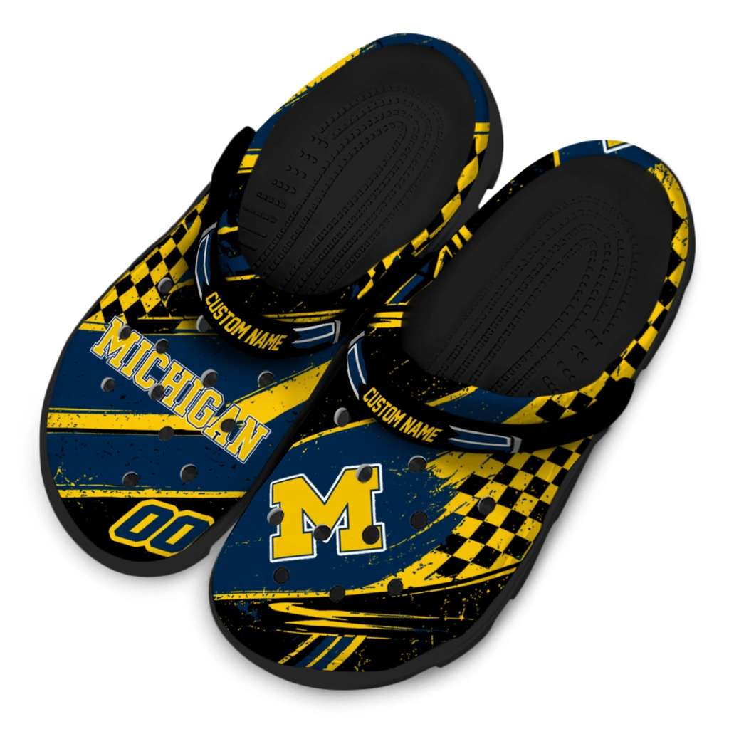 michigan-wolverines-clog-customized-checkered-streaks-blue-black-latest-model.webp