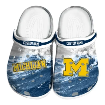 Michigan Wolverines Clogs - Customized Wave Swirl Blue White