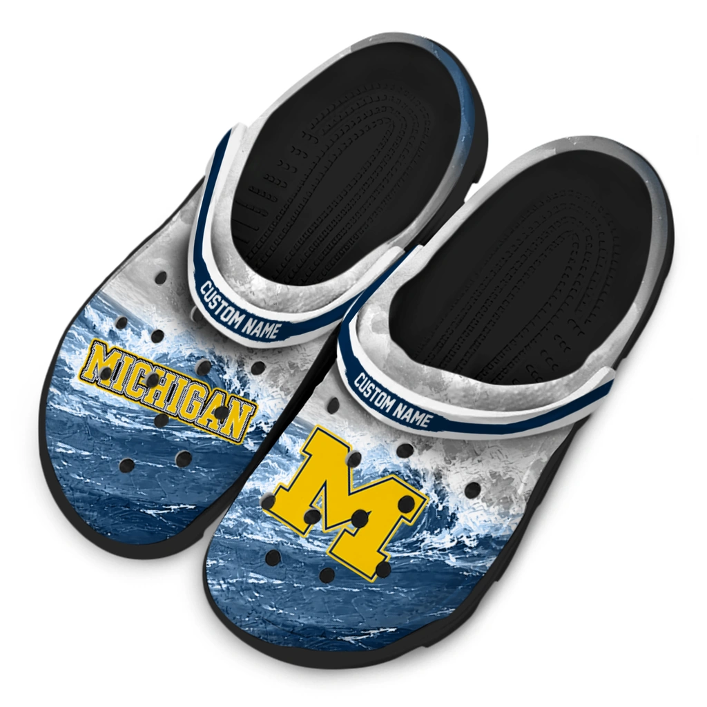michigan-wolverines-clog-customized-wave-swirl-blue-white-latest-model.webp