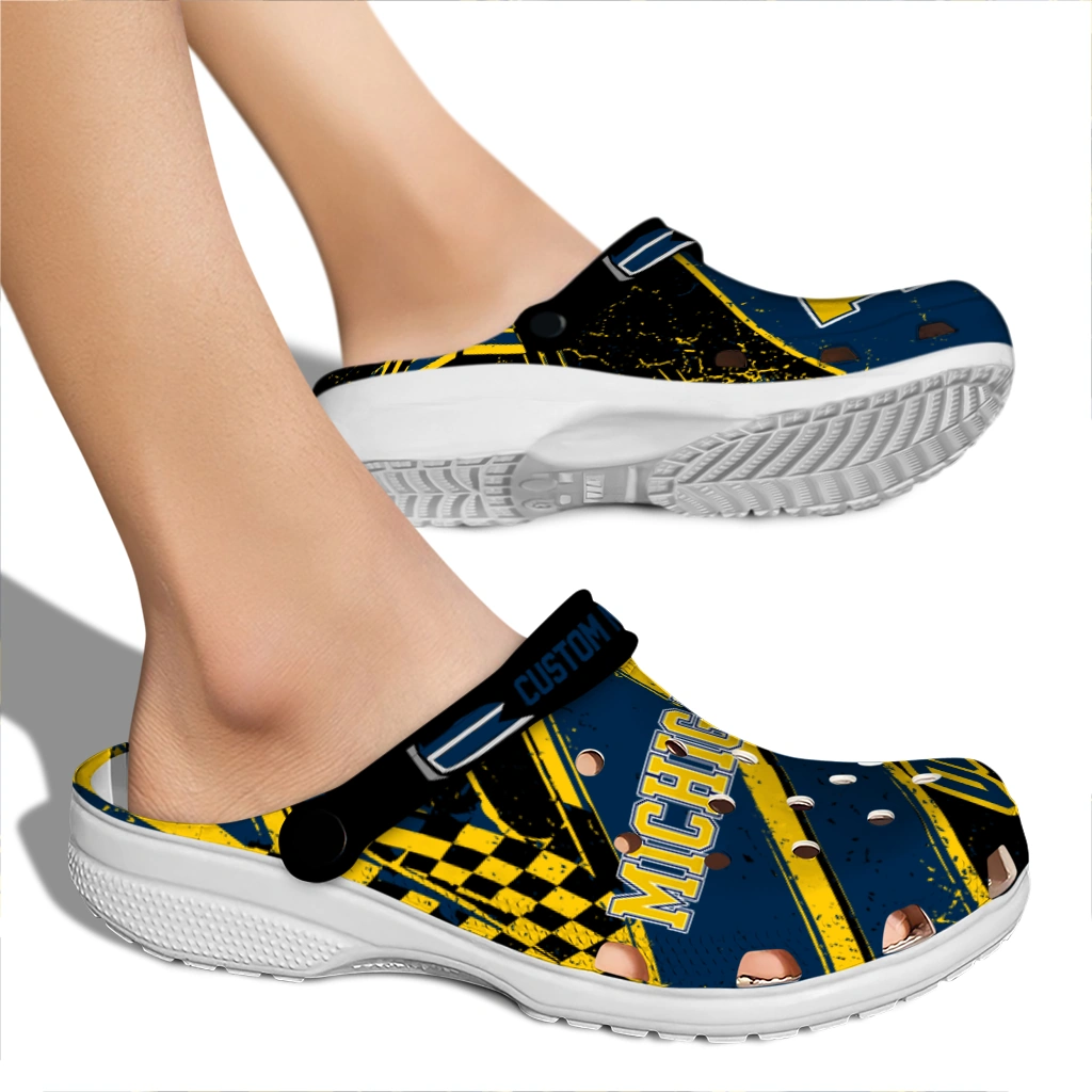 Michigan Wolverines Clogs - Customized Checkered Streaks Blue Black 2
