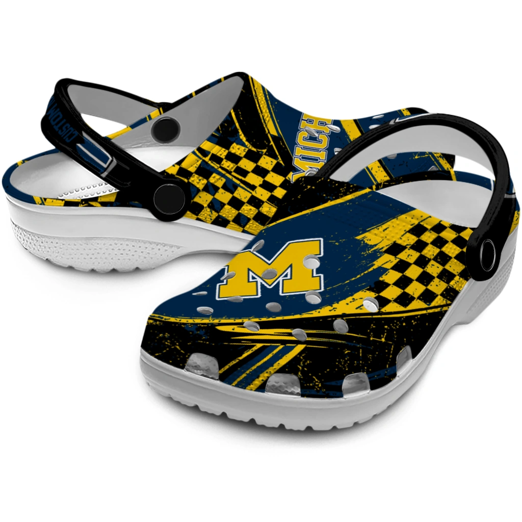 Michigan Wolverines Clogs - Customized Checkered Streaks Blue Black 3