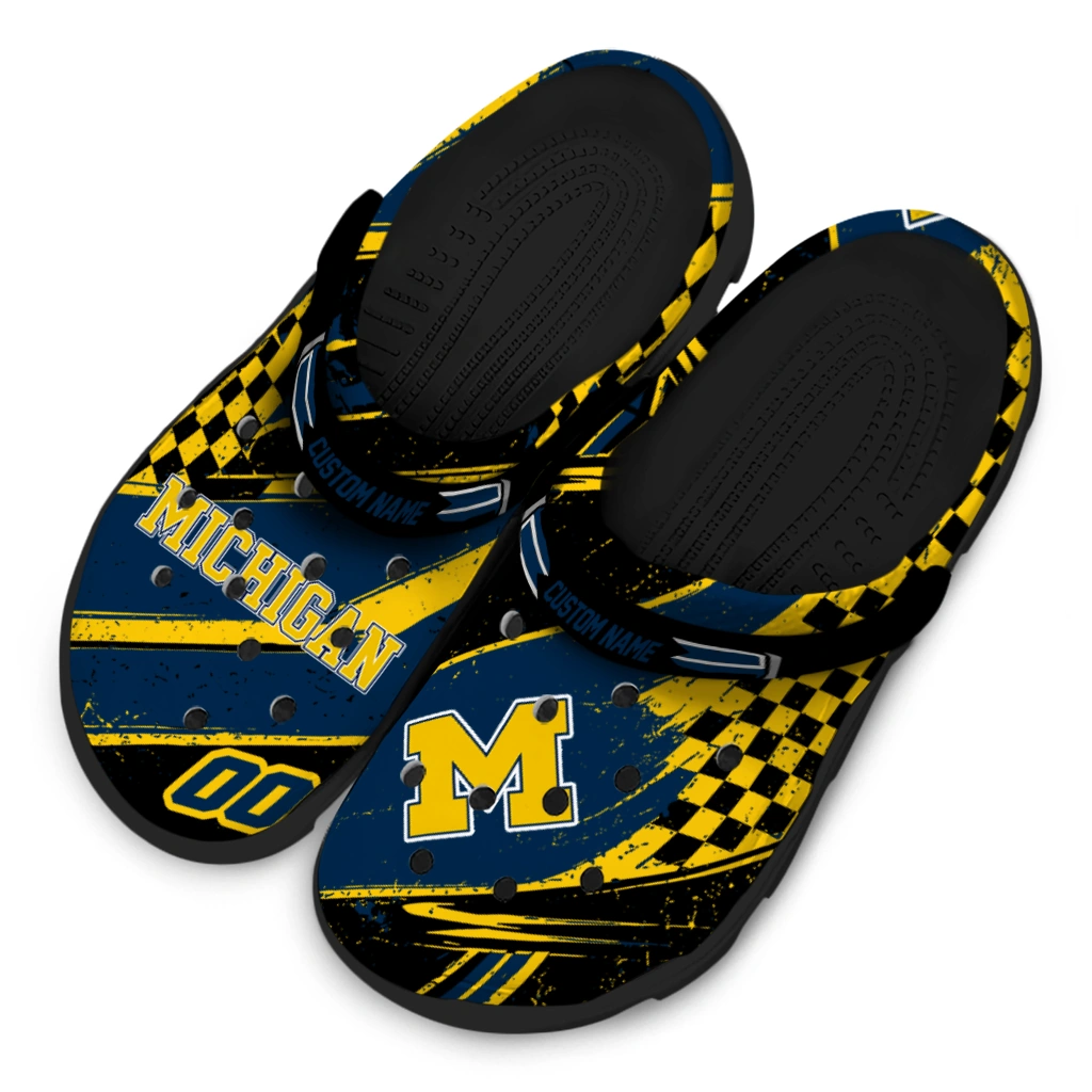 Michigan Wolverines Clogs - Customized Checkered Streaks Blue Black 4