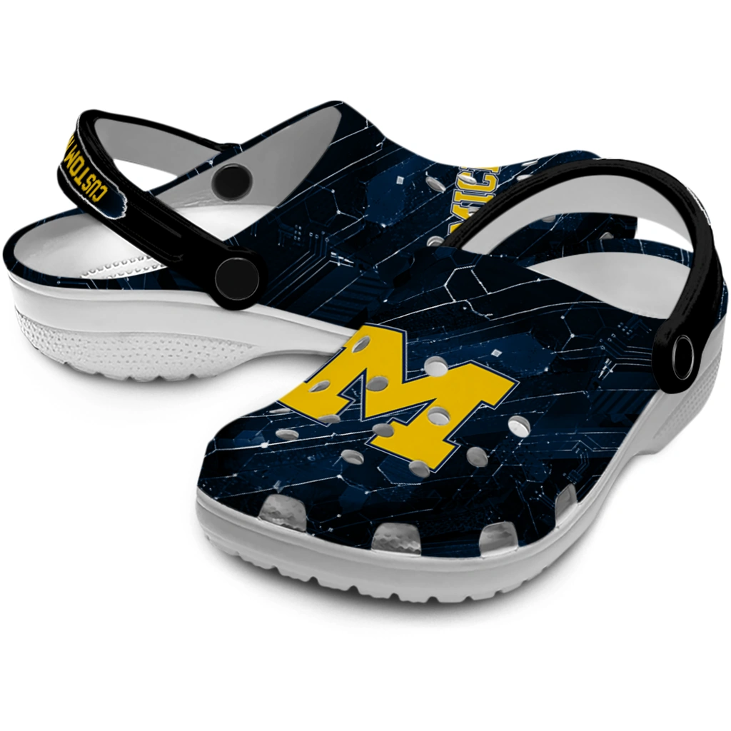 michigan-wolverines-clog-personalized-circuit-geometry-blue-black-high-quality.webp