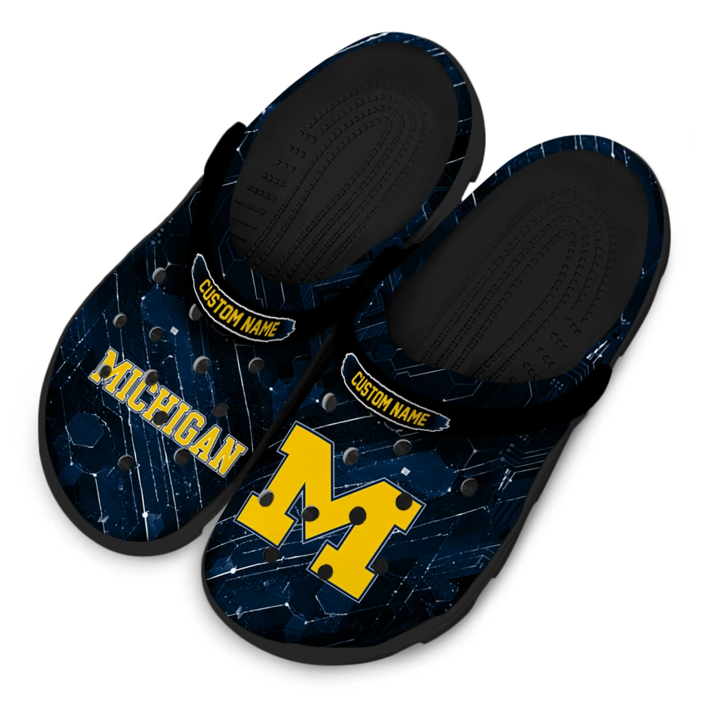 michigan-wolverines-clog-personalized-circuit-geometry-blue-black-latest-model.webp