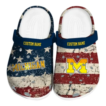 Michigan Wolverines Clogs - Personalized Distressed Stripes Blue Red Blue
