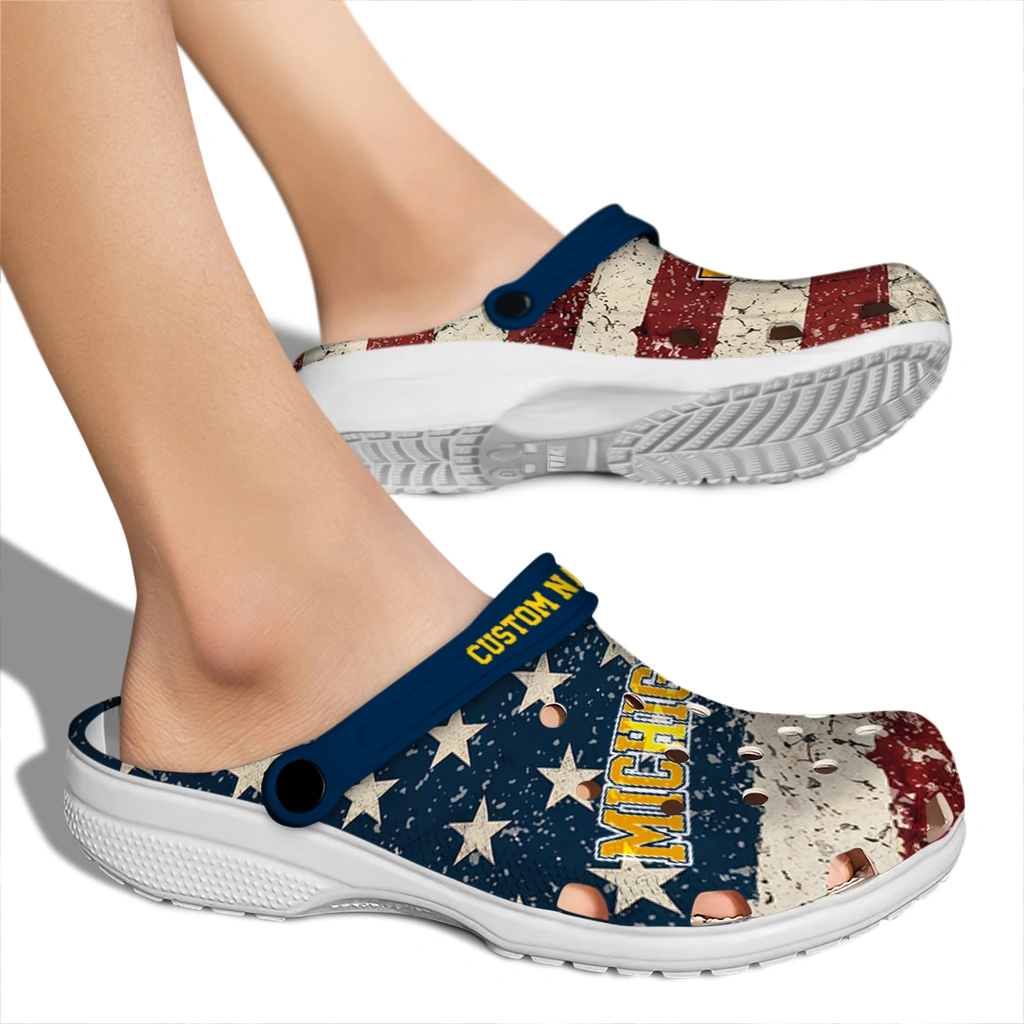 michigan-wolverines-clog-personalized-distressed-stripes-blue-red-blue-fashion-forward.webp