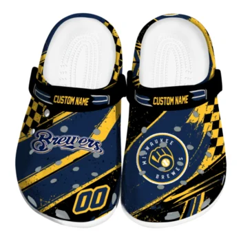 Milwaukee Brewers Clogs - Customized Checkered Streaks Navy Blue Black