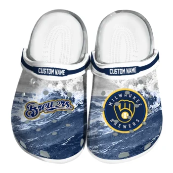 Milwaukee Brewers Clogs - Customized Wave Swirl Navy Blue White