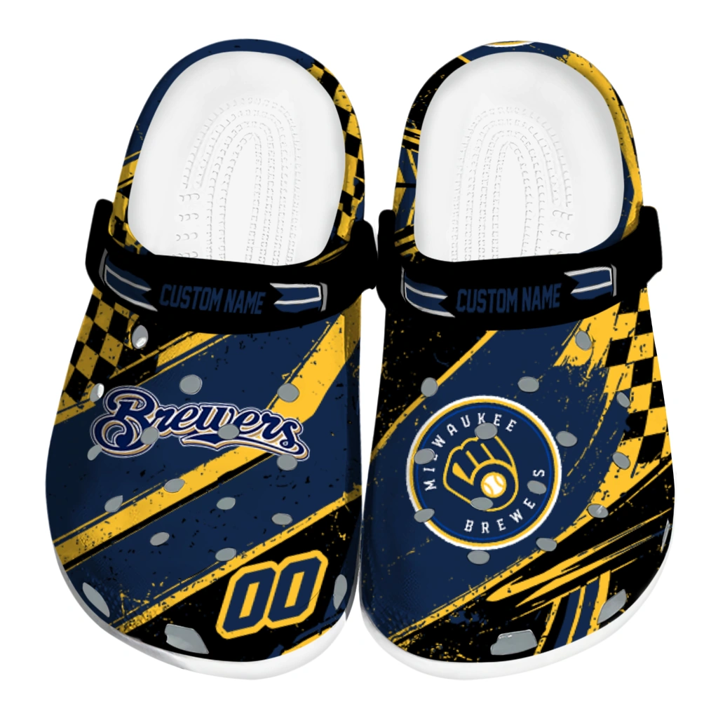 Milwaukee Brewers Clogs - Customized Checkered Streaks Navy Blue Black 1 milwaukee brewers clog personalized checkered streaks navy blue black best selling 1