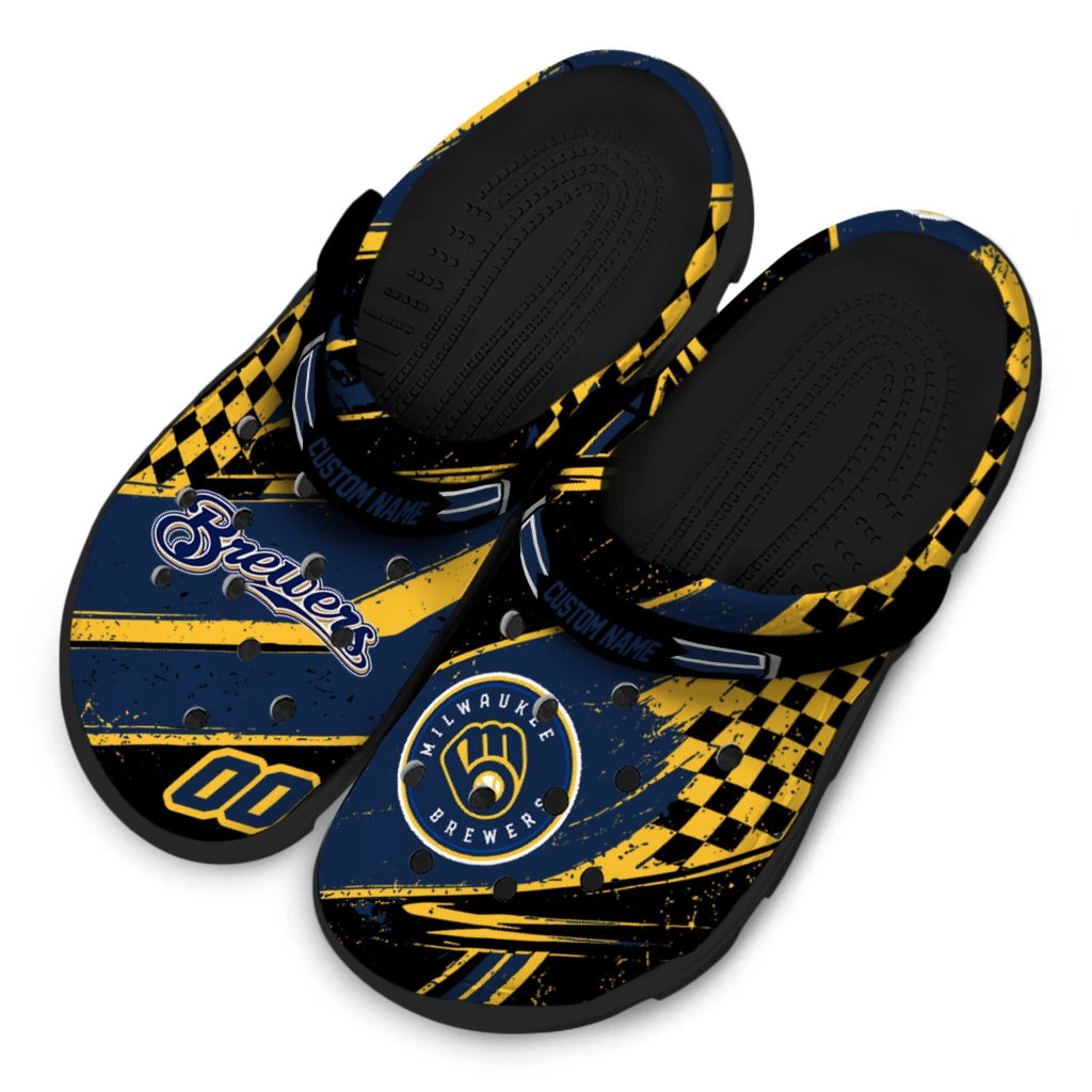 Milwaukee Brewers Clogs - Customized Checkered Streaks Navy Blue Black 4