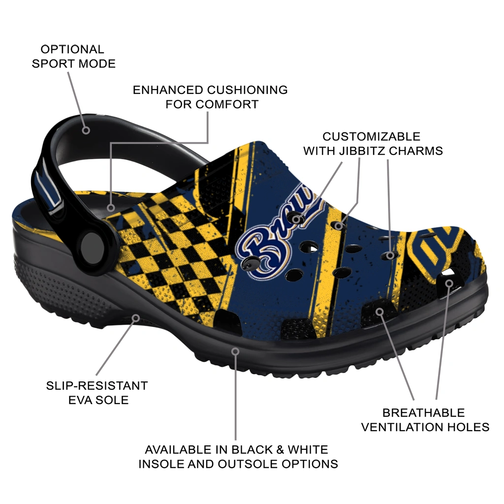 Milwaukee Brewers Clogs - Customized Checkered Streaks Navy Blue Black 5
