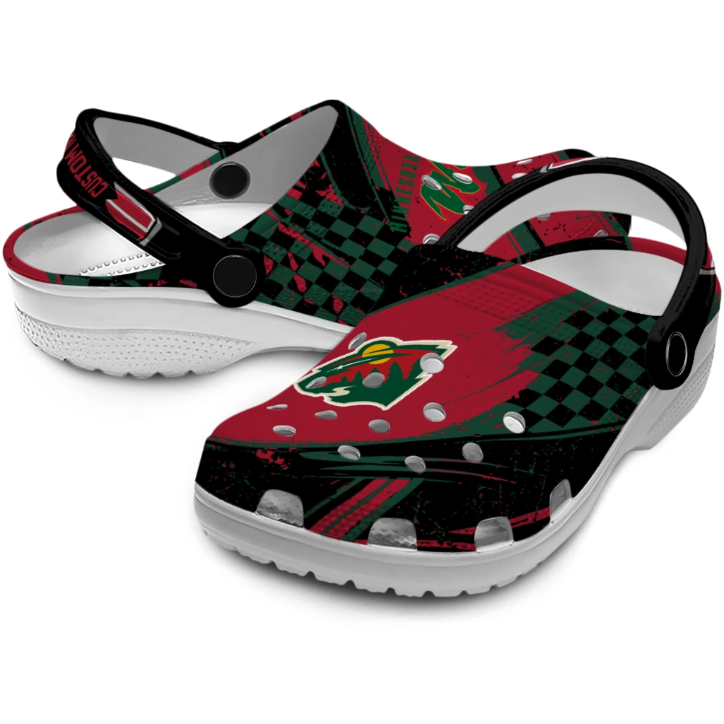 Minnesota Wild Clogs - Personalized Checkered Streaks Red Black 3